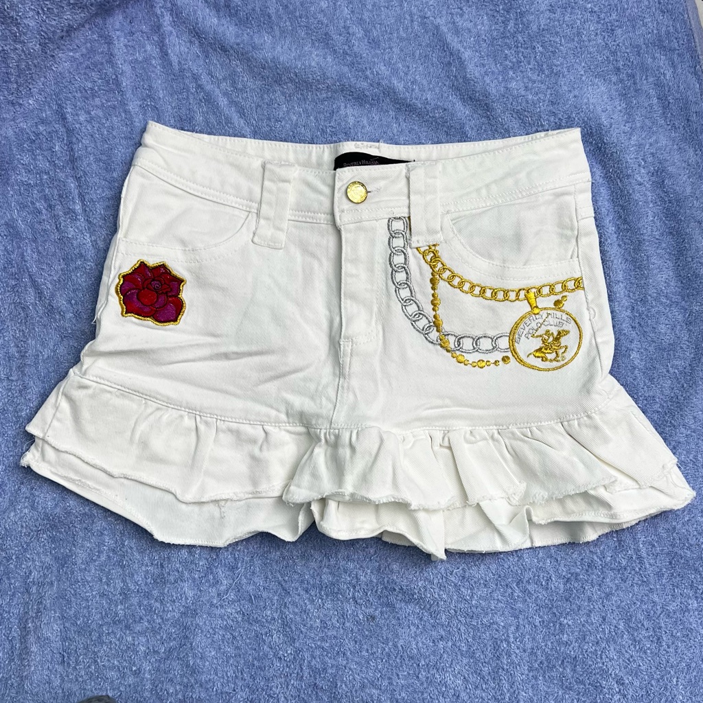 Beverly Hills Polo Club White Denim Ruffle Mini Skirt Double Hem Embroid Size 14